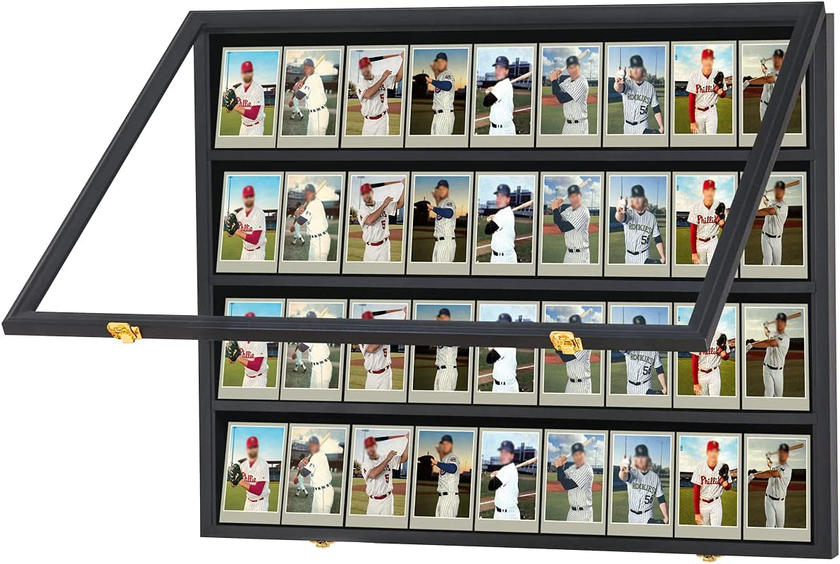 35 Graded Sports Card Display Case - Baseball Card Display Case - Holds Graded Sport Cards with UV Protection Clear View Lockable Wall Cabinet for Football Basketball Trading Card Black